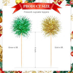 Chinco 100 Pcs Foil Firework Cupcake Toppers Sparkle Tinsel Cake Toppers Cake Decoration Cocktail Fruit Toothpick for Christmas Birthday Wedding Graduation Party Decoration (Green, Gold)