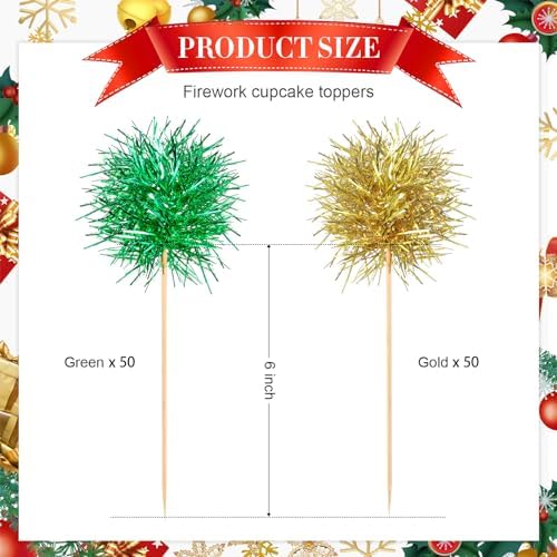 Chinco 100 Pcs Foil Firework Cupcake Toppers Sparkle Tinsel Cake Toppers Cake Decoration Cocktail Fruit Toothpick for Christmas Birthday Wedding Graduation Party Decoration (Green, Gold)