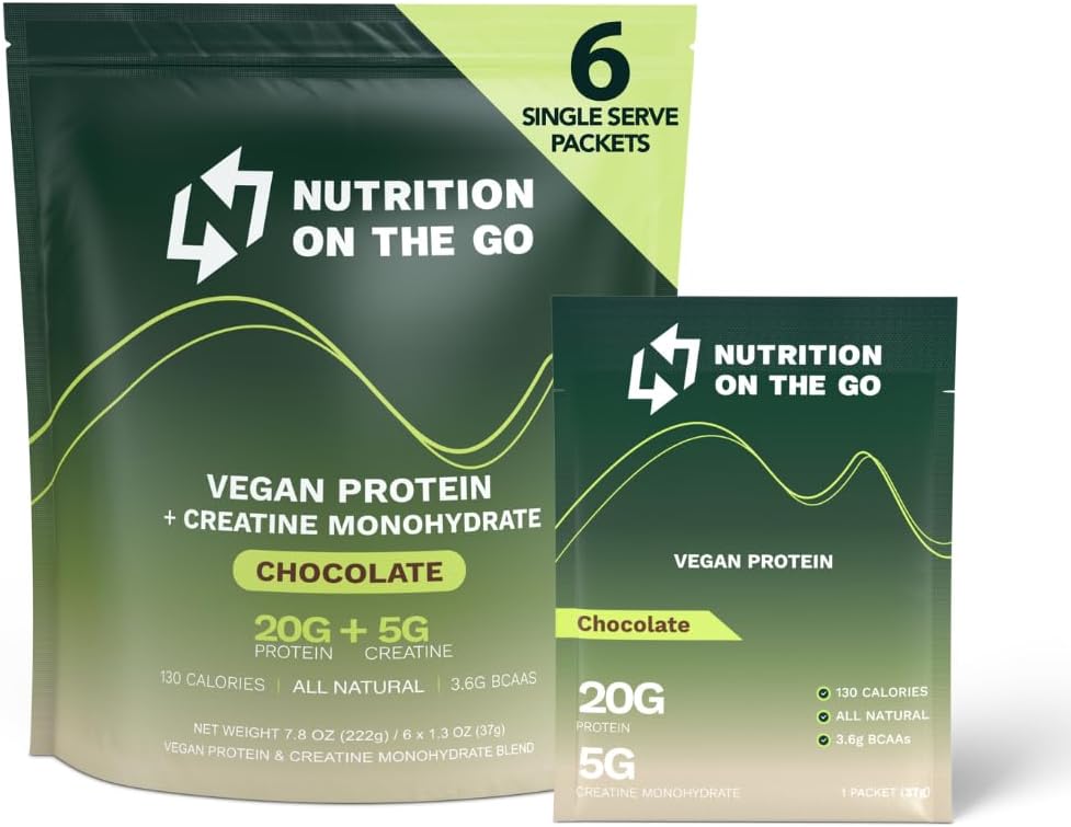 Nutrition On The Go Vegan Protein Powder Packets with Creatine – 20g Plant Proteins + 5g Creatine – Single-Serve Travel Protein Powder – All-Natural, Gluten-Free – Chocolate – (6-Pack)