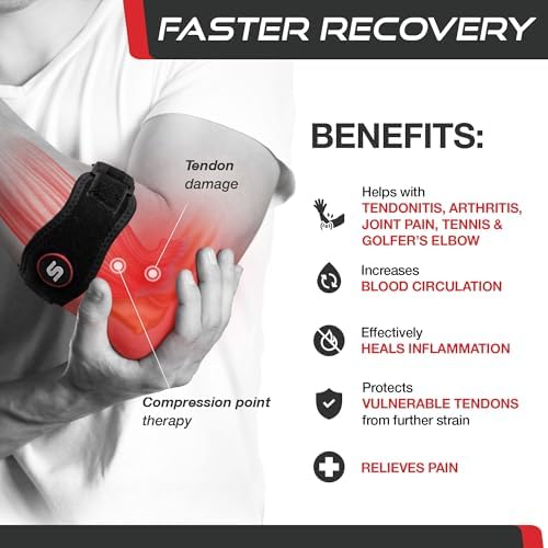 Sleeve Stars Tennis Elbow Brace for Men & Women, Elbow Brace for Tendonitis, Tennis Elbow Strap, Golfers Elbow Brace, Counterforce Brace for Tennis Elbow Relief, Fits 9"-23" (Single/Black)