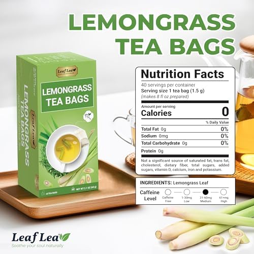 LeafLea Lemongrass Tea Bags, 40 Count, 100% Natural Lemongrass Leaves, Te Limon Grass, Te de Limoncillo Herbal Tea with Smooth Light Aroma, Sugar-Free, Caffeine-Free, Non-GMO, Vegan Friendly