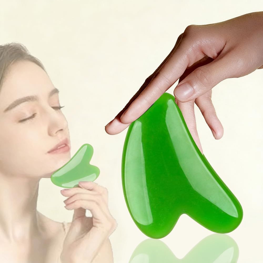2 Pcs Face Jade Gua Sha Massage Tool-Face Massager Reduces Puffiness-Gua Sha Facial Tools Promotes Blood Flow-Easy to Hold Sculpting Tool-Heart Shape Guasha -Green