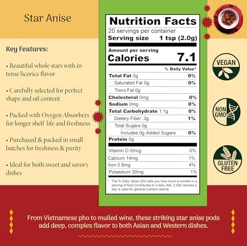 Shubhaavya Premium Star Anise Whole 1.4oz (40g) - NON-GMO | All Natural | Gluten Free | Hand-Selected Indian Spice
