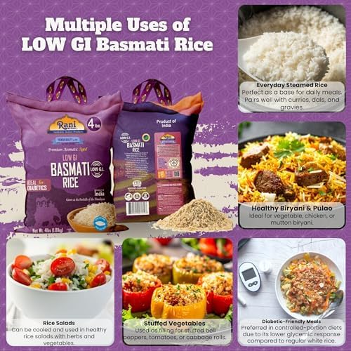 Rani White Basmati Rice Low GI (Glycemic Index) Extra Long Aged, Ideal for Diabetics, 4lbs (64oz) 1.81kg Cloth Bag ~ All Natural | Gluten Free | Vegan | Indian Origin | Export Quality