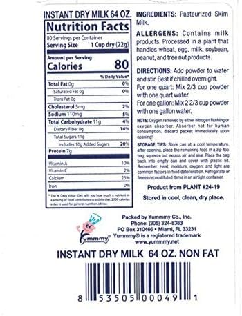 Yummmy 64 oz, Instant Nonfat Skimmed Powdered Dry Milk - Leche en polvo, 64 Oz, Grade A, Kosher Halal Certified, Made in USA