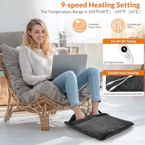 Double Sided Electric Foot Warmer with 9 Heat Settings & 3 Timer(1-4-8H); Foot Warmers for feet with Fast Heating & Auto Shut Off; Ultra-Soft Machine Washable Plush; Portable for Office, Home (Grey)