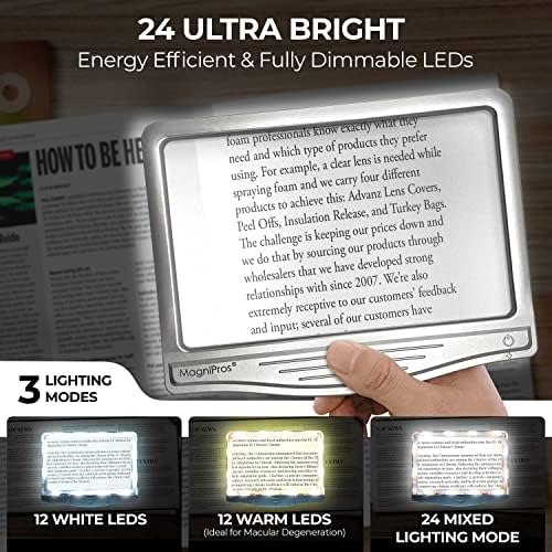 MAGNIPROS Patented 3X Large LED Page Magnifier for Reading | Eye Caring 3 Color Light Modes & Anti-Glare Lens to Reduce Eye Strain-Perfect for Small Prints, Aging Eyes, Low Vision and Seniors
