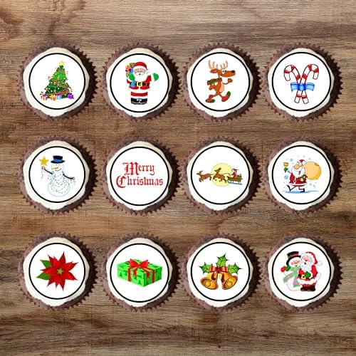 PRECUT Edible Christmas Cake Toppers, Christmas Baby Shower Decorations for Cake Decorating, Xmas Edible Cupcake Toppers, Festive Cookie Decor, Theme 1, 3cm / 1.18 inch (48)