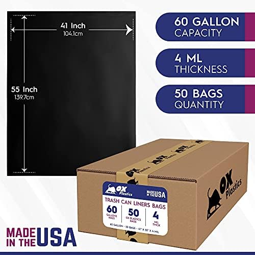 Ox Plastics Trash Can Liners Bags - Extra Heavy Duty Strength - Large Garbage, Leak-Proof & Durable, House & Commercial Use Bags (50) - Black (4 Mil, 60 Gallon)