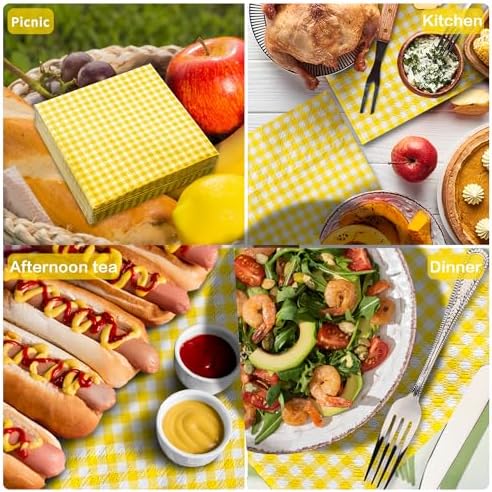 Gatherfun Party Supplies, Disposable Paper Napkins Yellow and White Gingham Napkins for Easter Party（3-ply, 6.5X6.5 in, 50-Pack)