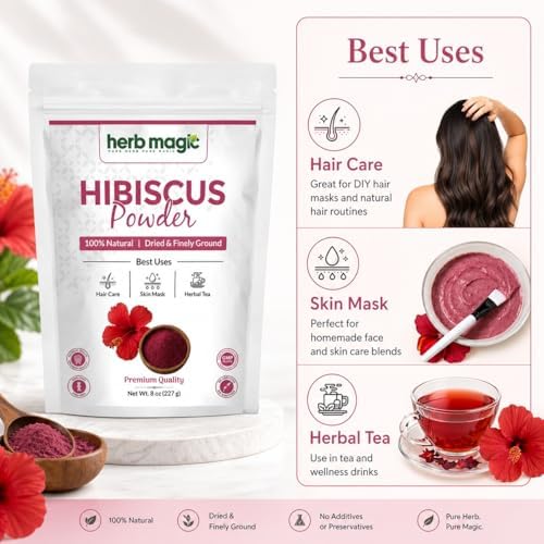 Hibiscus Powder 8oz - Dried Hibiscus Petals Powder, Flor de Jamaica for Herbal Tea, Smoothies, Hair & Skin Care, Natural Food Color, Hibiscus Sabdariffa Roselle ~ Herb Magic
