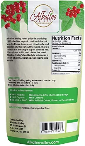 Sarsaparilla Tea - 100% Organic and Alkaline - 15 Unbleached/Chemical-Free Sarsaparilla Tea Bags - Caffeine-Free, No GMO