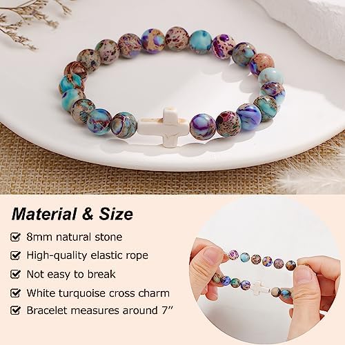 JoycuFF 𝗖𝗵𝗿𝗶𝘀𝘁𝗶𝗮𝗻 𝗚𝗶𝗳𝘁𝘀, Cross Bracelets for Women, Faith Religious Easter Catholic Christian Jewelry, Meaningful Baptism Communion Confirmation Natural Stone Bracelets for Women