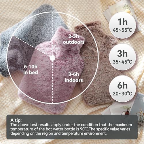 Hot Water Bottle with Luxury Cosy Faux Fur Cover, 2L Leakproof Hot Water Bag for Neck, Shoulder Pain Relief, Hot and Cold Therapies for Women,Men, Gray