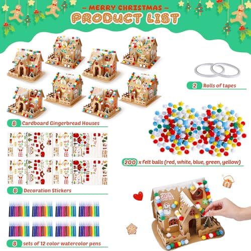 Poen 8 Set Christmas Gingerbread House Kit Bulk Prebuilt Mini Gingerbread House Kit Fun DIY Cardboard Christmas Craft Supplies for Holiday Party Decoration(Stylish Style)