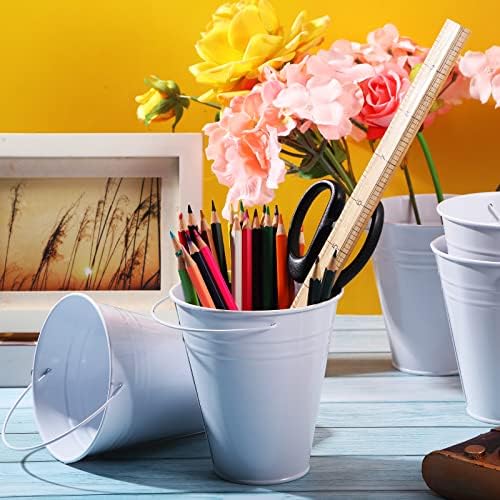 Sadnyy 6 Pack White Small Metal Galvanized Bucket with Handle 5" White Mini Metal Buckets and Pails Graduation Party Container Table Centerpiece for Candy Vase