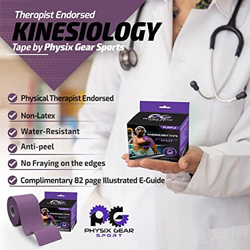 Physix Gear Cotton Kinesiology Tape Roll 16ft, Latex-Free Athletic Tape for Muscles/Joints, Waterproof Kinesiolgy, Stretchy Kinesiologytape, Gentle on Skin Kiniseaology Tape, Kinesology Tape