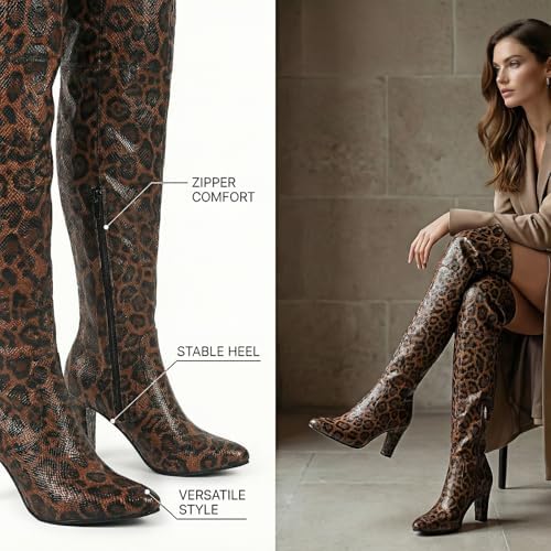 Women Over The Knee Boots, Thigh High Boots with Chunky Heel & Side Zipper,Sexy Fall Boots Leopard & snake patterns