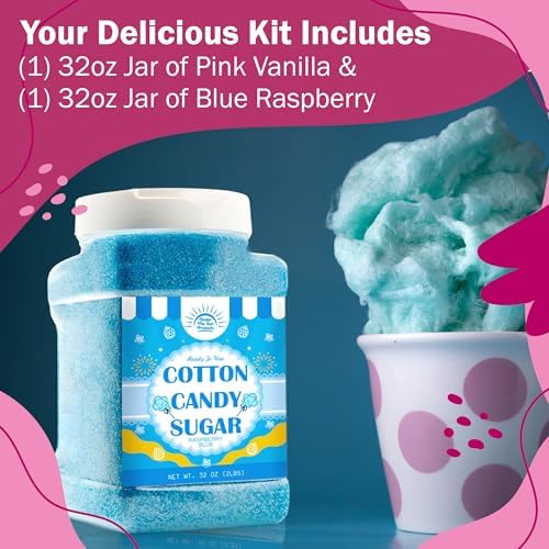 Cotton Candy Floss Sugar – Pink Vanilla & Blue Raspberry (2 Pack, 2 lb Each) | Premium Spun Sugar for Cotton Candy Machines | Perfect for Parties, Events & Home Use (2 Pack – 2 lb Jars)