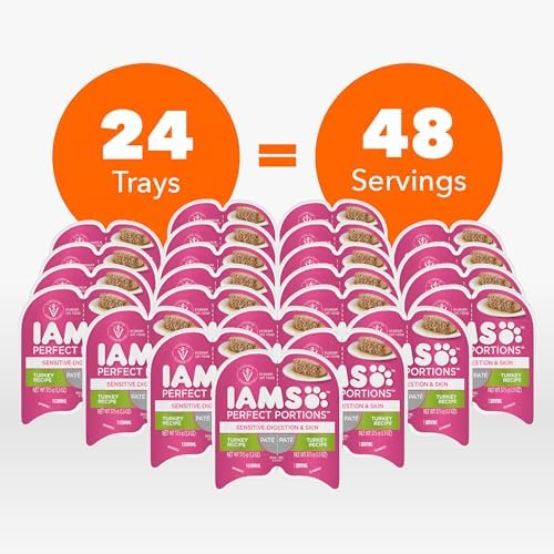 IAMS Perfect Portions Sensitive Digestion & Skin Wet Cat Food Pate, Adult Grain Free Pate, Turkey Recipes, (24) 2.6 oz. Twin-Pack Trays