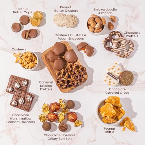 Chocolate Gift Basket– Snack Box with Covered Pretzels, Oreos, Nuts & Sweets – Gourmet Food Gift Tin for Mothers Day, Families, Men, Women, Clients- Bonnie and Pop