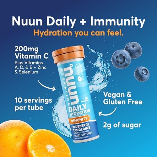 Nuun Immunity Electrolyte Tablets with Vitamin D, C, E, & A, Ginger, Elderberry, Magnesium & 4 Other Essential Electrolytes, Vegan, Blueberry Tangerine & Orange Citrus, 4 Pack (40 Servings Total)