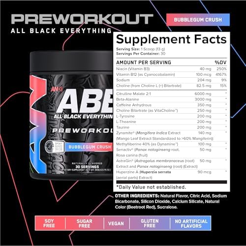 All Black Everything Pre-Workout Powder | Preworkout Energy Drink Mix | 350mg Caffeine | Beta Alanine & Citrulline | Energy Supplement for Men & Women | Bubblegum Crush | 30 Servings