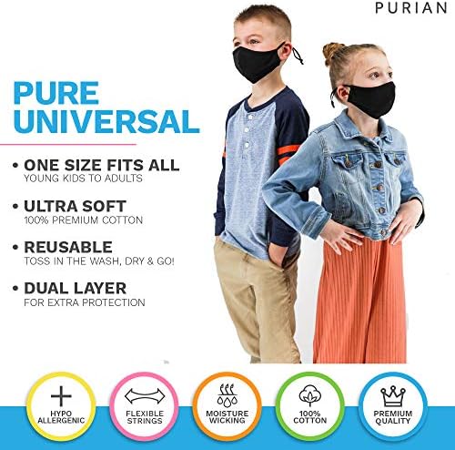 PURIAN Black Kids Face Masks, Washable Reusable Adjustable, Fits Kids to Teens