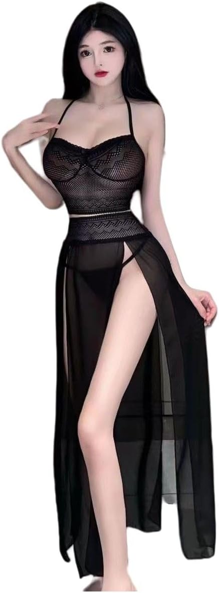 Sexy underwear lace strapless see-through seductive pajamas sexy slit long dress halter lace uniform set
