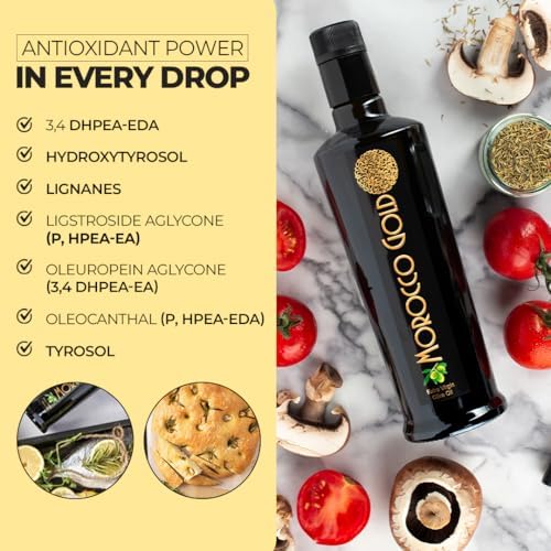 Morocco Gold Early Harvest Extra Virgin Olive Oil – Cold Pressed – Polyphenol Rich 652mg/kg EVOO Fresh Harvest Pure and Natural. 6 x 500ml (6 Bottles For The Price Of 5)