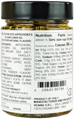 Renna, Grilled Roasted Halved Artichokes preserved in oil, 10.58 oz, Heart, Mediterranean flavor, Specialty Imported Food, Product of Italy