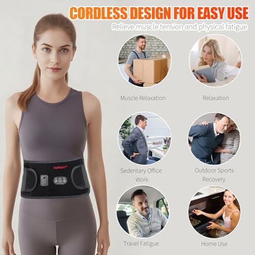 CUEHEAT Heated Waist Belt, Cordless Heating Pad for Low Back, Electrical Heating and Massage, Rechargeable Battery Powered (Black Upgraded,45 inches)