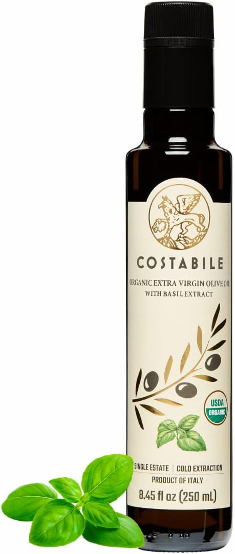 Basil Olive Oil Organic from Puglia, Italy. Basil Infused Extra Virgin Olive Oil from a single source. Perfect for Salad Dressing - COSTABILE 8.45 Fl. Oz.