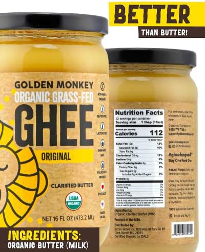 GOLDEN MONKEY Organic Ghee Butter – Grass Fed Clarified Butter for Cooking, Baking, Keto & Gut Health – Ghee Butter Organic Grass Fed from Small Farms – Smooth Spread with High Smoke Point (16oz)