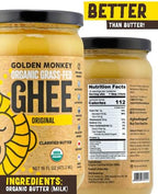 GOLDEN MONKEY Organic Ghee Butter – Grass Fed Clarified Butter for Cooking, Baking, Keto & Gut Health – Ghee Butter Organic Grass Fed from Small Farms – Smooth Spread with High Smoke Point (16oz)