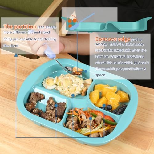 Adaptive Utensils Plates with Extra Wall,Non-slip&Spill-proof Melamine Plate for Dementia,Stroke, Tremors,Self-Feeding Dinnerware for Elderly (Melamine 4-Compartment Divided Plates)