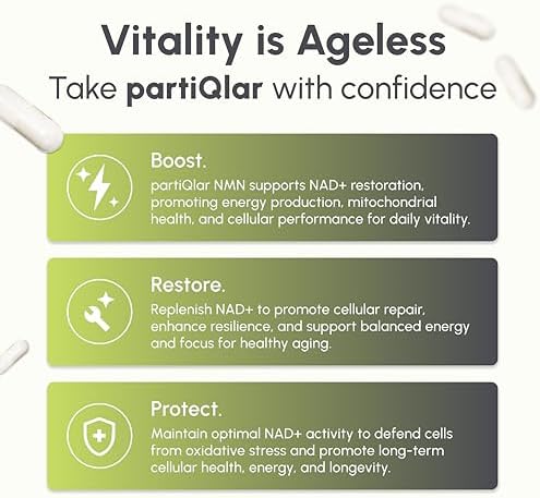 partiQlar NMN Supplement 500mg - High Purity Nicotinamide Mononucleotide - NAD+ Booster for Anti-Aging, Cellular Energy & Longevity - 60 Veggie Capsules