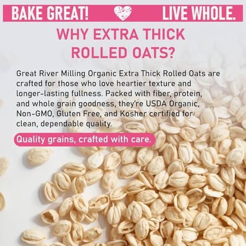 Great River Milling Organic Extra Thick Rolled Oats | Whole Grain, Gluten Free, Non-GMO, Kosher Certified | Hearty Texture for Oatmeal, Granola, Cookies, Baked Goods & Breakfast Recipes | 5 Lb