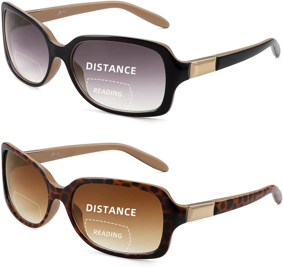 JM 2 Pack Classic Bifocal Reading Glasses Square Stylish Gradient Sunglasses Readers for Women +1.75