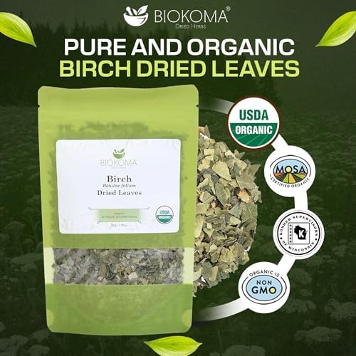 Biokoma Organic Birch Leaf Tea Loose Dried Leaves 50g 1.76oz - Detox Support Digestion Immunity Herbal Tea - USDA Organic - Resealable Moisture Proof Pouch - No Additives - Non GMO - Kosher