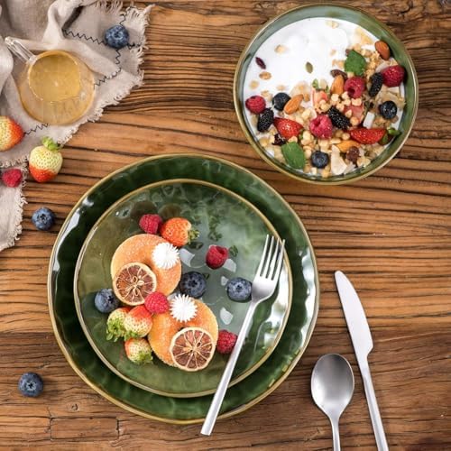 vicrays Ceramic Pasta Bowls Set, 32 Ounce Soup Bowls, Large Salad Bowls, Chip Resistant, Dishwasher Microwave Safe, Fluted stoneware Bowls for Kitchen, Serving Bowls, Set of 6 (Green)