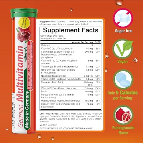 T&D German Multvitamin + Minerals 10 Vitamins 2 Minerals - 40 Vegan Drink Effervescent Tablets - Pomegranate Flavor - Made in Germany