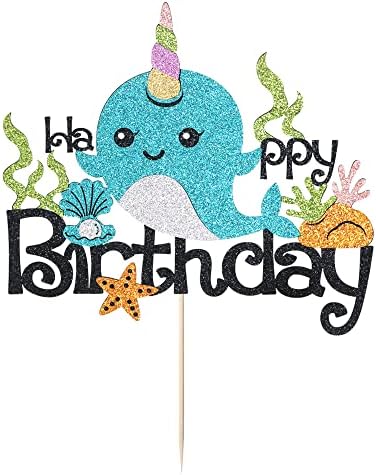 Narwhal Cake Topper, Blue Ocean Themed Birthday Decor, 1 Count