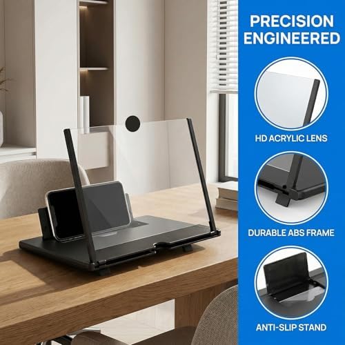 12" Phone Screen Magnifier for Cell Phone, Foldable 3D HD Acrylic Screen Amplifier, Portable Smartphone Screen Enlarger Stand for Movies & Gaming, Universal Phone Stand for All Smartphones (Black)