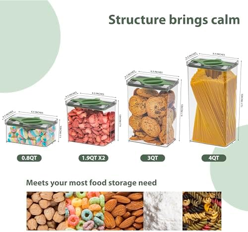 5-Piece SAN Airtight Pantry Storage Container Set, Leakproof Twist-Lock Lids, BPA-Free Stackable Canisters for Sugar, Flour, Pasta, Cereal & Snacks (0.8qt, 1.9qt ×2, 3qt, 4qt)