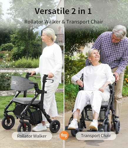 VOCIC Rollator-Walkers-for-Seniors-with-Seat, Walker Wheelchair Combo, Transport-Wheelchair-Lightweight-Foldable, Adult Walkers All Terrain, 2 in 1 Rolling Walker Chair with Brakes & Pouch
