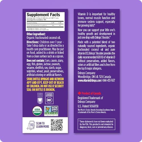 Ddrops Kids Booster 600IU 100 Drops - Daily Liquid Vitamin D for Kids. Support Strong Bones & Immune System in Children. No Preservatives, No Sugar, Non-GMO, Allergy-Friendly