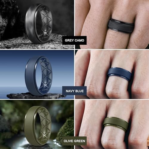 Egnaro Men's Rings 8.5mm Wide-2mm Thick Inner Arc Ergonomic Breathable Rubber Wedding bands-Hypoallergenic for Gym/Outdoor/Gift((1-7 Variety Pack with Half Size)