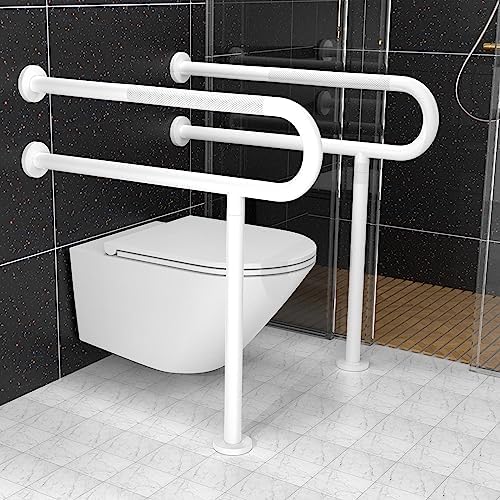 White Toilet Support Rail 31.3X 31.5 Inch, Munzong Anti-Slip Floor to Wall Handicap Grab Bar for Bathroom, Stainless Steel Knurled Safety handrails with Leg for Elderly Disabled Pregnant-1.25’Tube