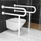 White Toilet Support Rail 31.3X 31.5 Inch, Munzong Anti-Slip Floor to Wall Handicap Grab Bar for Bathroom, Stainless Steel Knurled Safety handrails with Leg for Elderly Disabled Pregnant-1.25’Tube